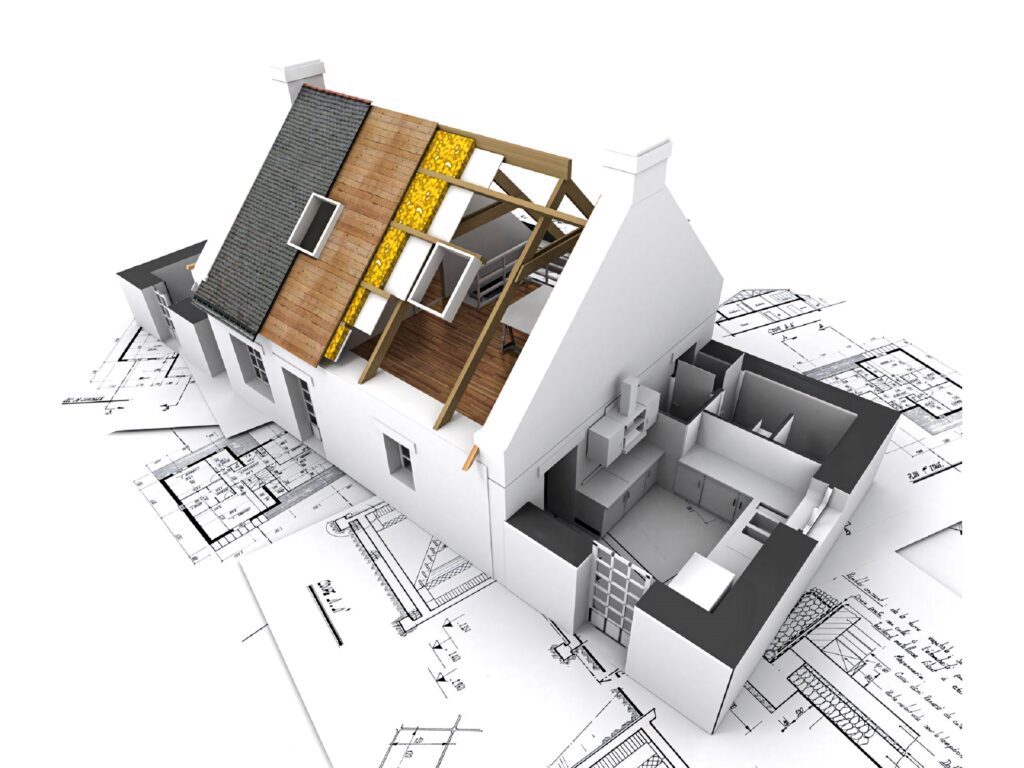 3D architectural house model with construction layers over blueprints highlighting civil engineering Wallpaper