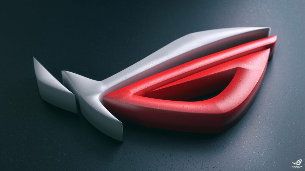 3D Asus ROG logo wallpaper metallic texture bold red silver modern gaming background