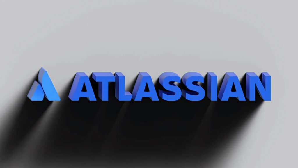 3D Atlassian logo bold blue text with dynamic shadows on light gray modern professional wallpaper