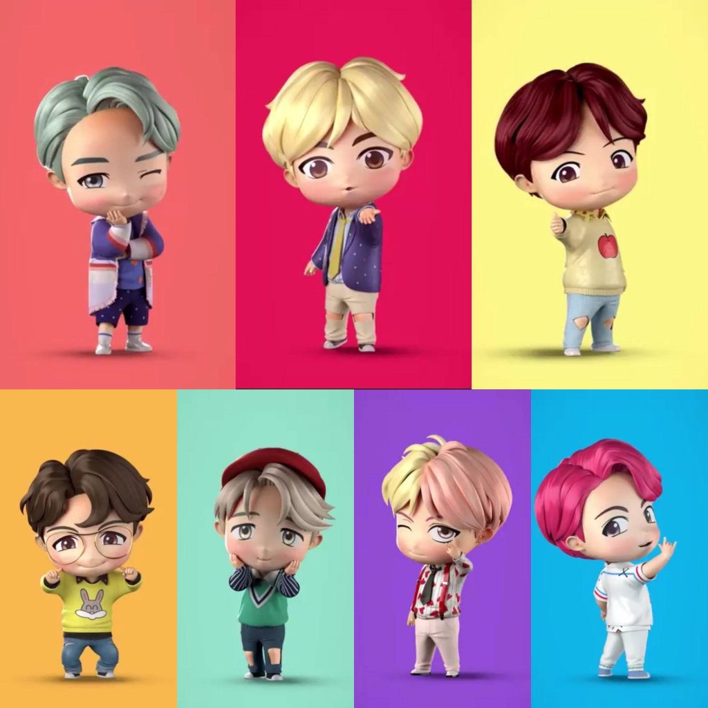 3D BTS TinyTAN chibi lineup colorful cartoon wallpaper featuring all seven members vibrant background