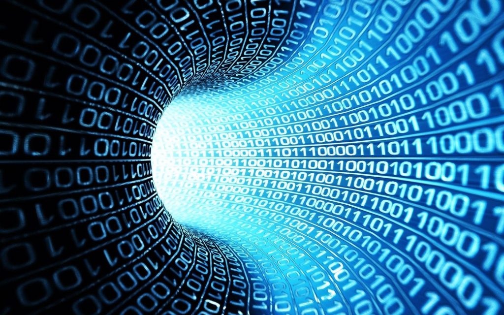 3D vortex tunnel of glowing binary code in blue and black high-tech digital wallpaper background