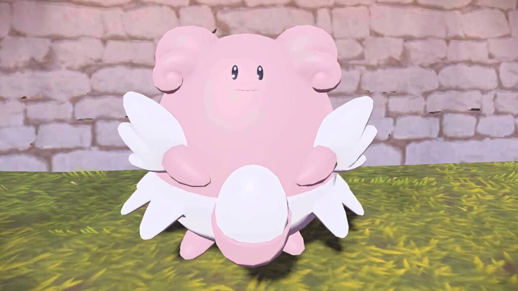 3D Blissey near stone wall in soft sunlight on grass warm cheerful wallpaper background