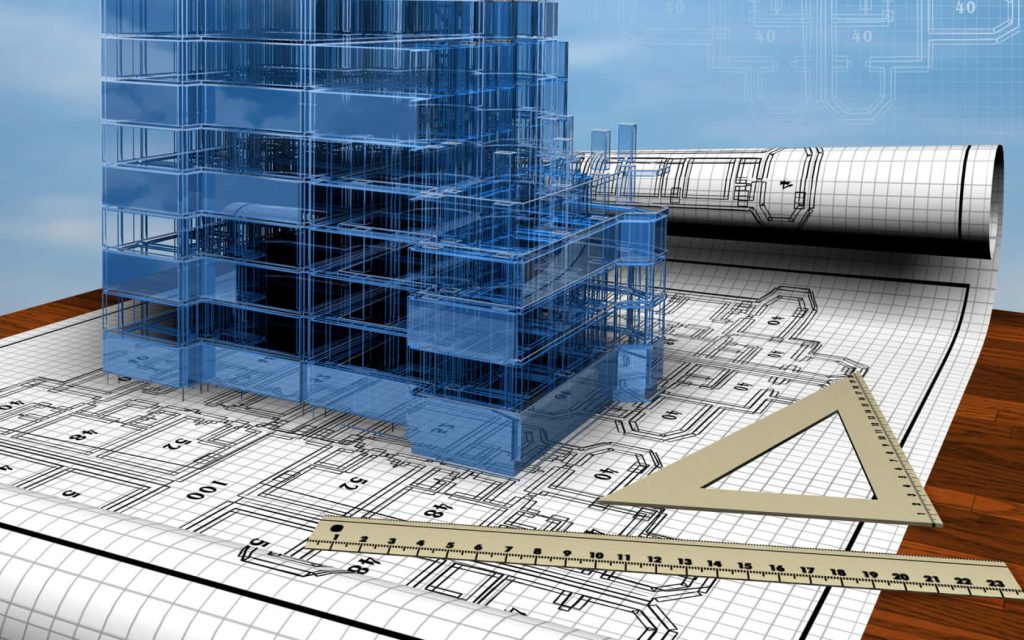 3D blue wireframe building on architectural blueprint with ruler and set square background Wallpaper