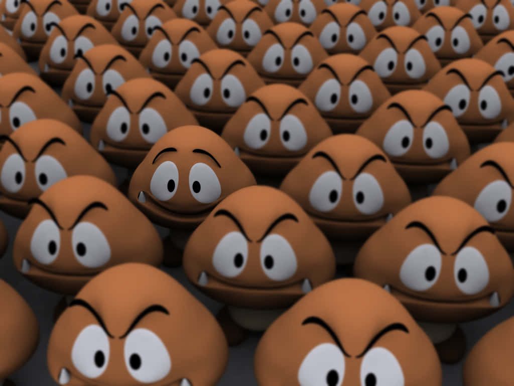 3D CGI wallpaper of dense Goomba crowd from Nintendo Super Mario iconic gaming background