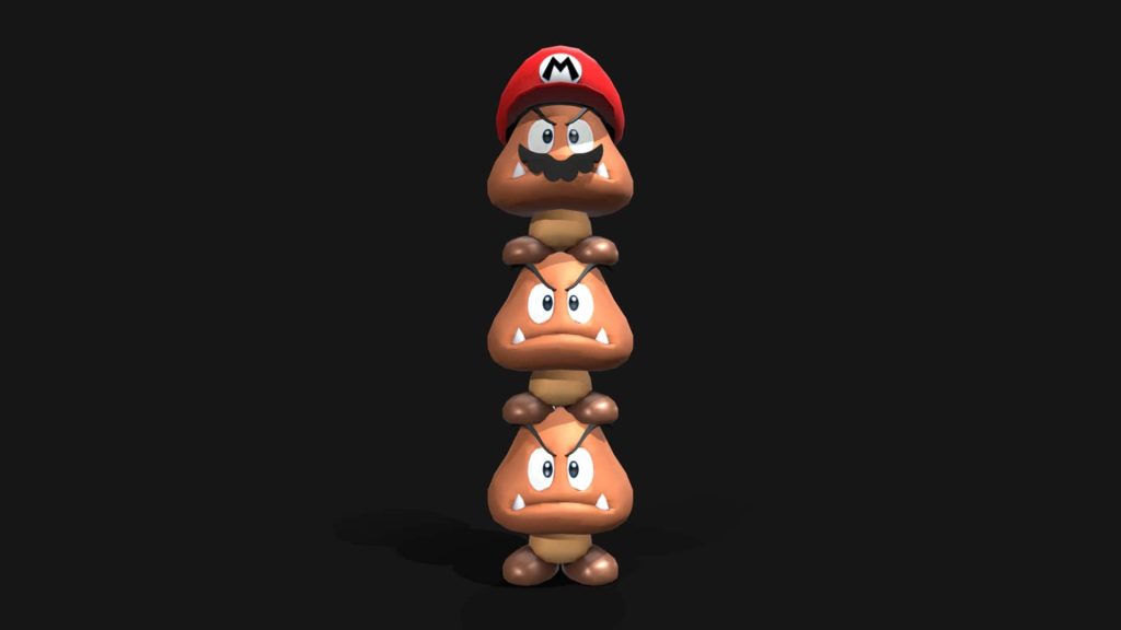 3D CGI wallpaper of three stacked Goombas with Mario hat on black background iconic gaming design