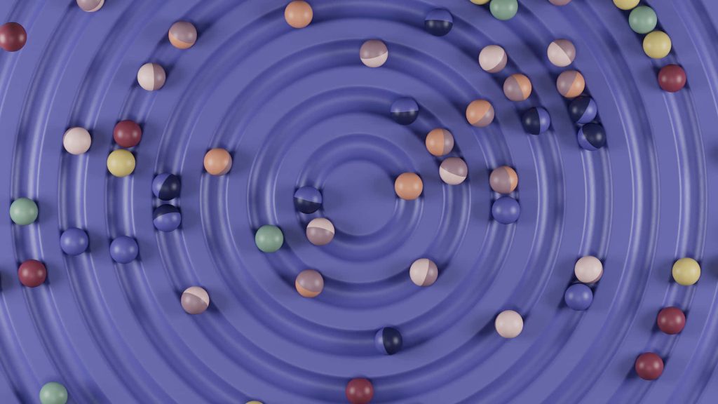 3D colorful spheres on purple concentric ripples abstract marble swirl wallpaper background