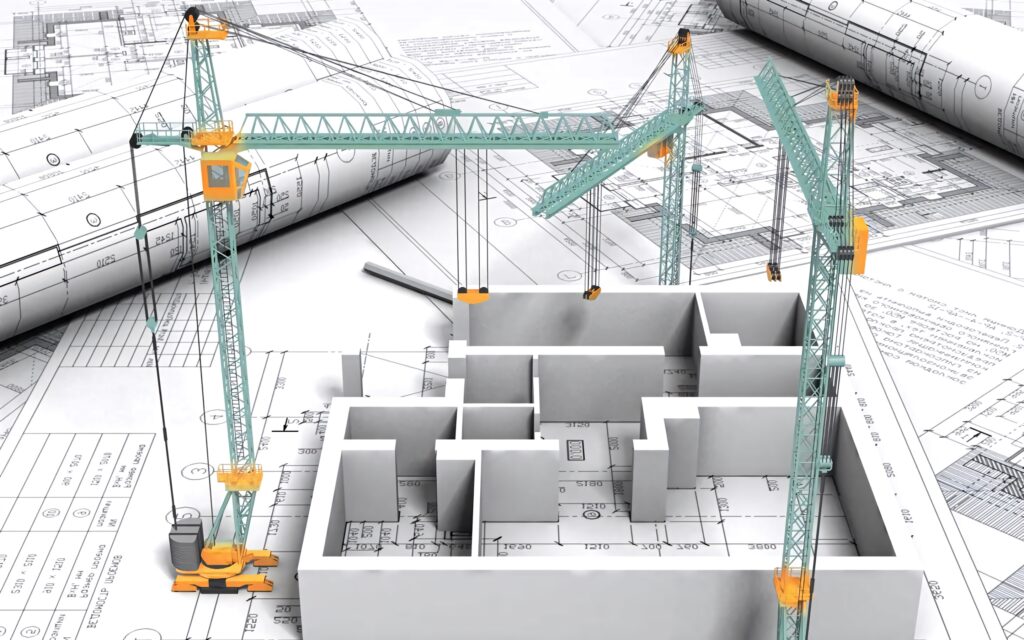 3D cranes building modern structure on blueprints civil engineering planning innovation wallpaper