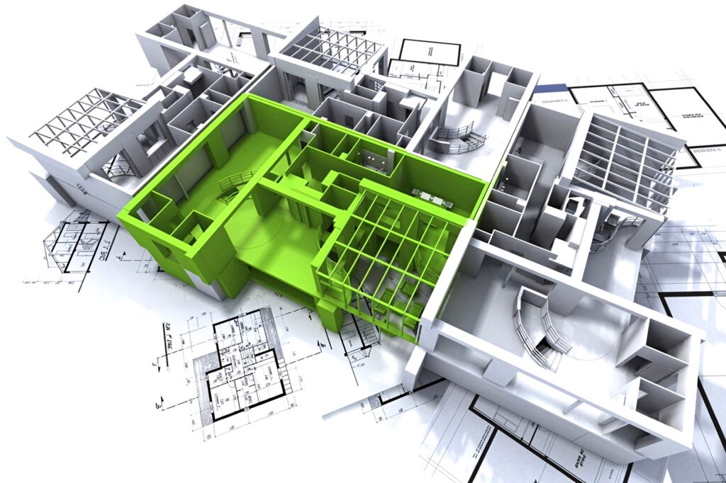 3D civil engineering model with green highlights and blueprints showing building design plans Wallpaper