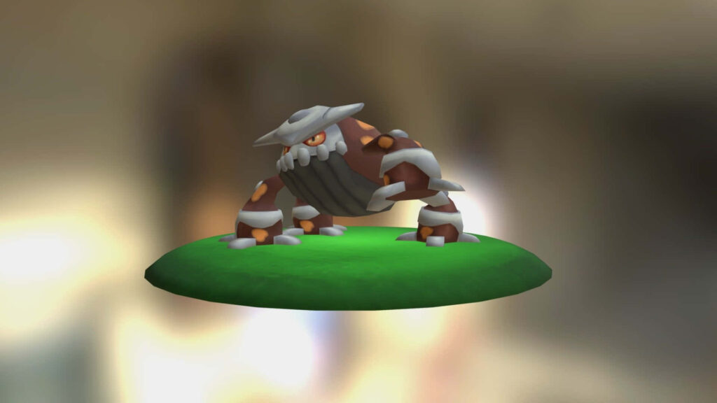 3D Heatran-Inspired Creature on Grassy Patch – Stunning Wallpaper