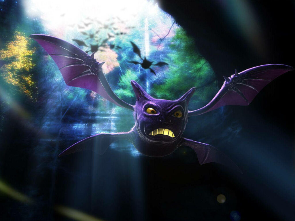 3D Crobat Wallpaper: Dark Cave Scene with Eerie Lighting