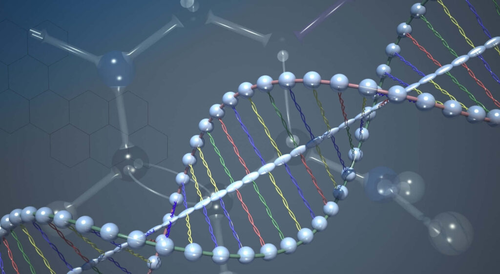 3D DNA double helix with colorful base pairs and molecular spheres on blue scientific background Wallpaper
