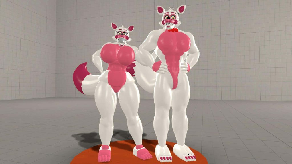 3D render of two muscular white and pink Funtime Foxy inspired characters on orange platform Wallpaper