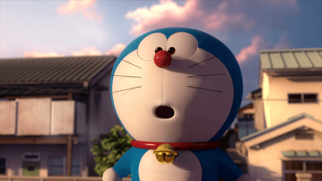 3D Doraemon Wallpaper: Surprised Expression with Scenic Suburban View