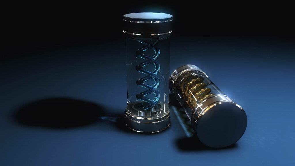 Cylindrical Glass Tubes with Metal Springs- Illuminated in a Serene Blue Setting Wallpaper