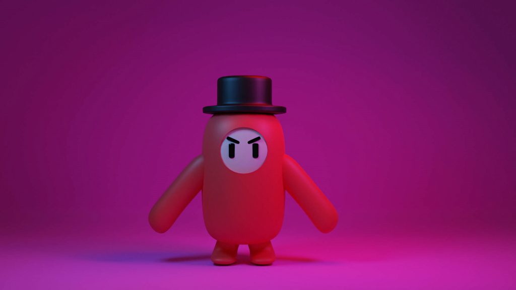 Angry red Fall Guys character in black top hat on vibrant neon purple magenta background CGI wallpaper