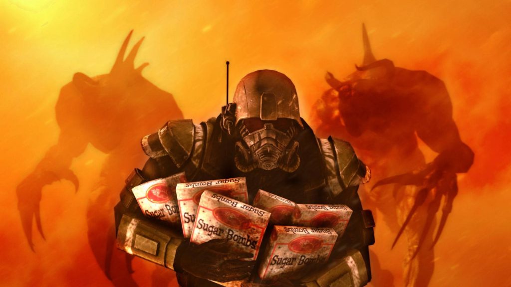 Fallout New Vegas 3D wallpaper Courier in NCR Ranger armor with Sugar Bombs boxes and Deathclaws