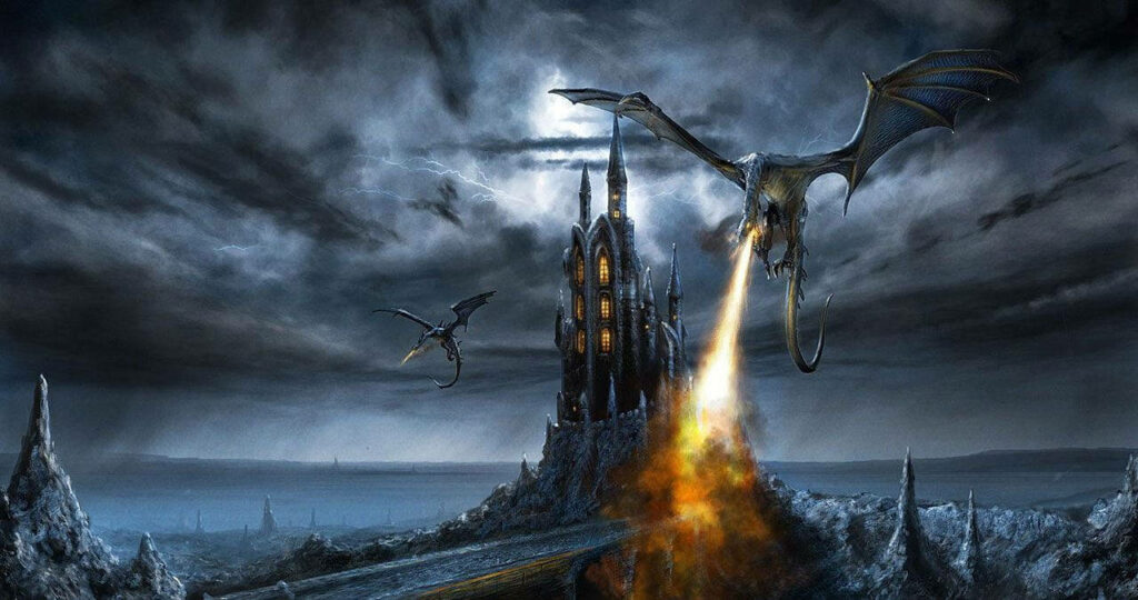 3D Fire-Breathing Dragon Over Ominous Castle at Night Wallpaper