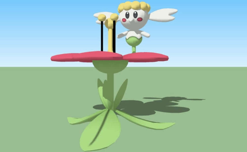 3D Flabébé on Vibrant Red Flower: Serene Pokémon Wallpaper