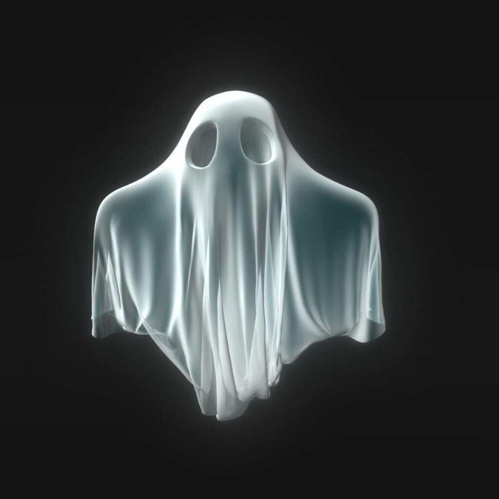 3D floating ghost draped in white blanket on dark background spooky playful wallpaper design
