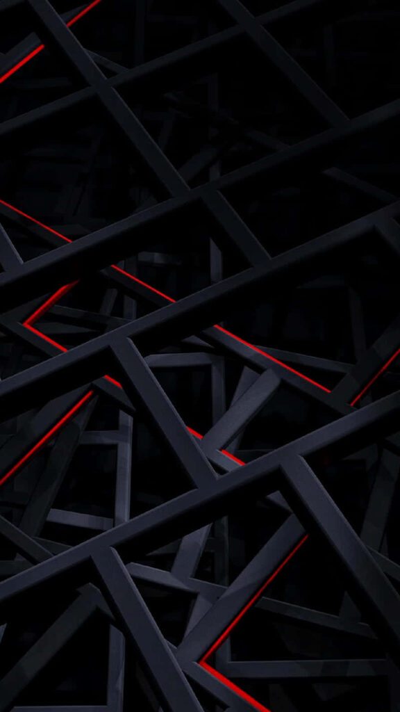 Sleek 3D industrial beams with glowing red lines on black futuristic AMOLED wallpaper background