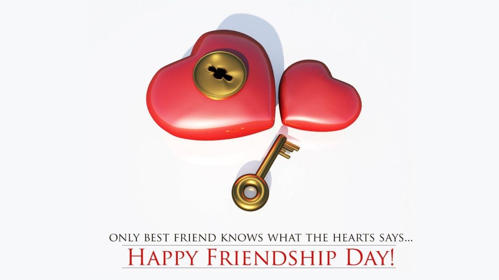 3D Friendship Day wallpaper with two glossy red hearts golden lock and vintage key on white