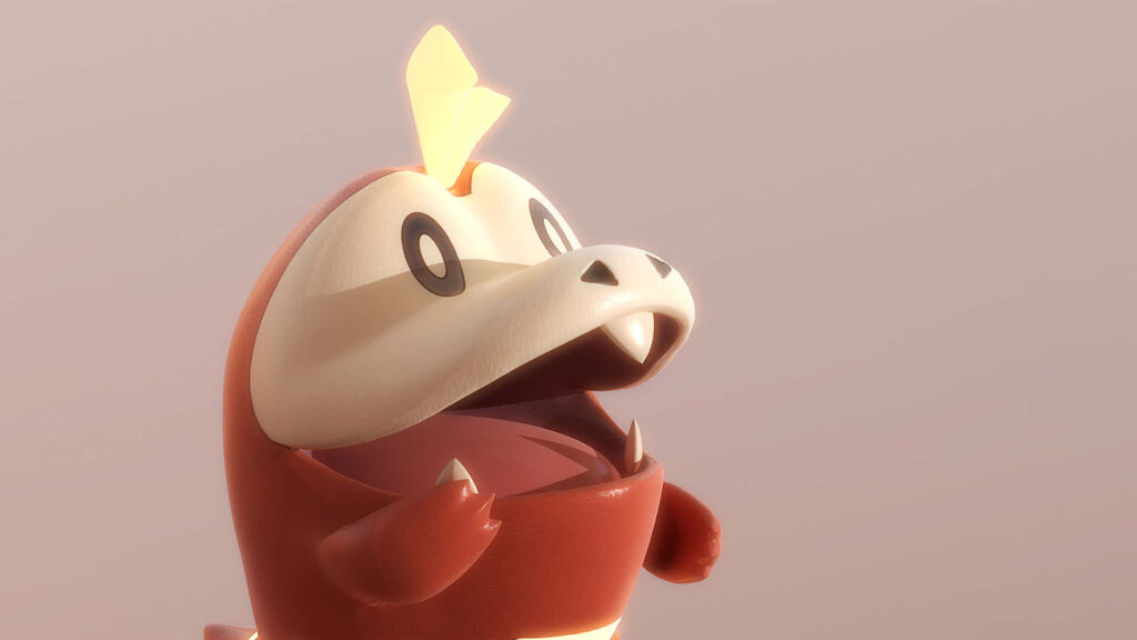 3D Fuecoco Wallpaper: Playful Pokémon in Action on Neutral Background
