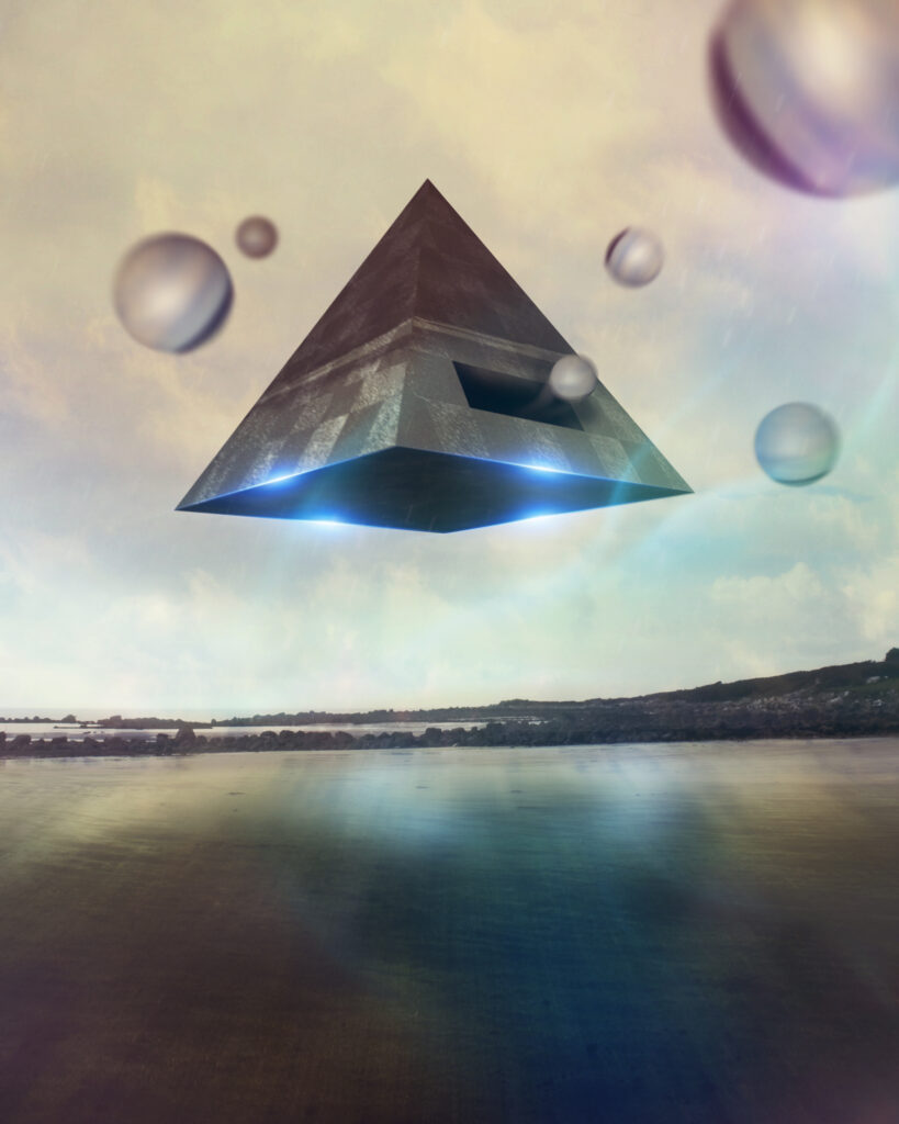 Futuristic 3D Pyramid Wallpaper Above Serene Water Scene