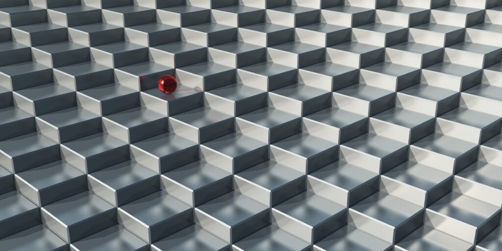 3D Grey Cube Pattern Wallpaper with Striking Red Ball Accent