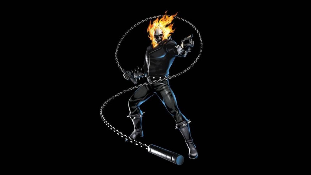 3D Ghost Rider wallpaper with flaming skull, black leather gear, and metal chain on black background