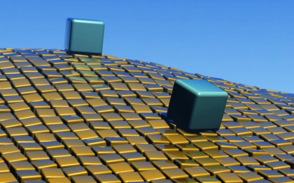 3D Golden & Green Cube Landscape Wallpaper - Seamless Blue Sky Background