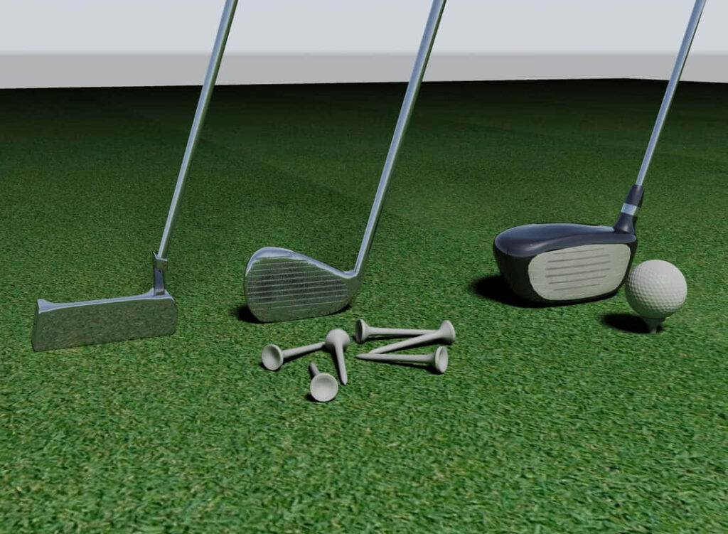 3D Golf Scene Wallpaper: Golf Clubs, Tees & Ball on Green Grass