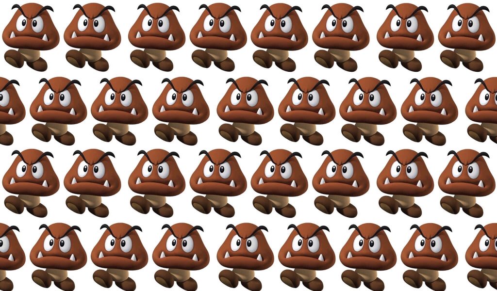 3D CGI Goomba wallpaper pattern with classic Super Mario enemies tiled on white background