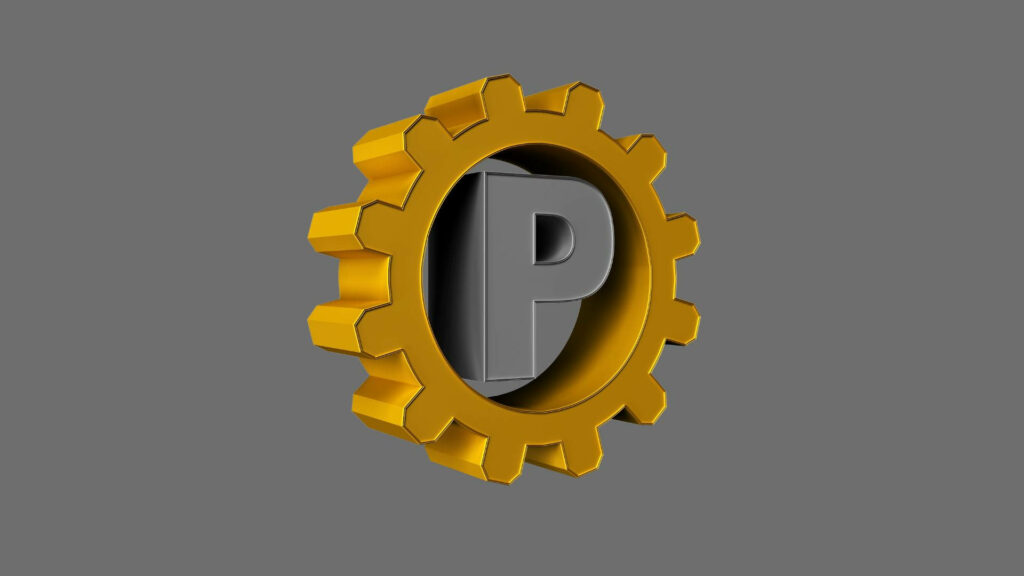 3D Gray 'P' in Gold Gear Icon - Modern Industrial Wallpaper