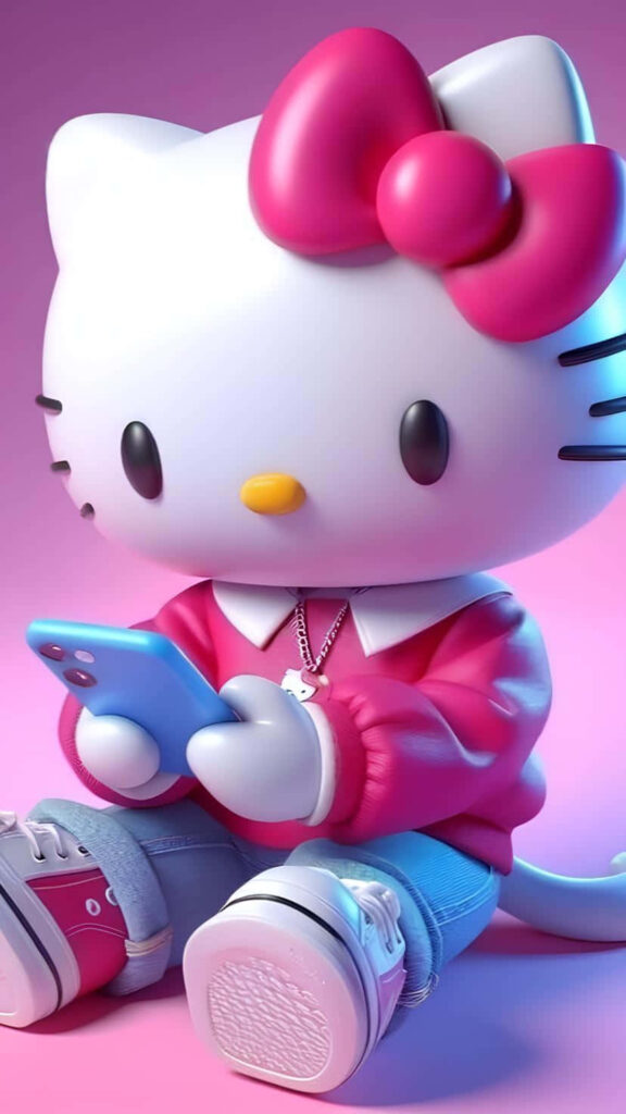 Charming 3D Hello Kitty Wallpaper with Smartphone - Vibrant Design