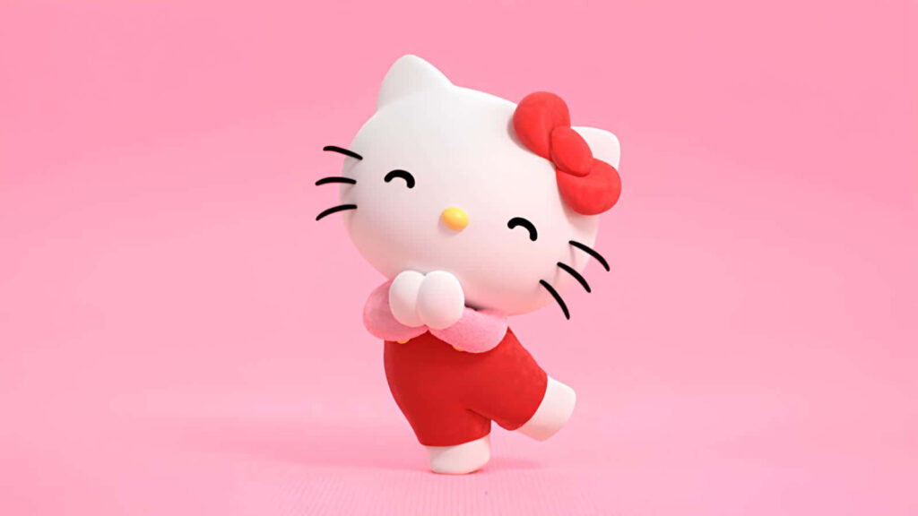 Joyful 3D Hello Kitty Wallpaper on Soft Pink Background