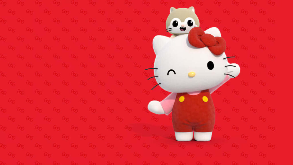 Playful 3D Hello Kitty Wallpaper in Red Overalls with Animal Friend