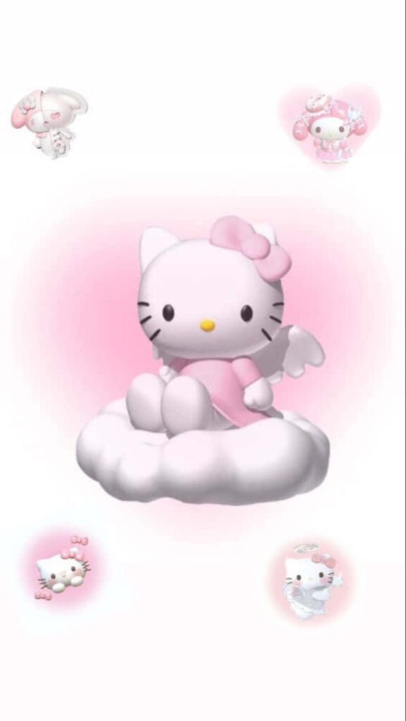 Whimsical 3D Hello Kitty Wallpaper on Soft Pink Cloud Background