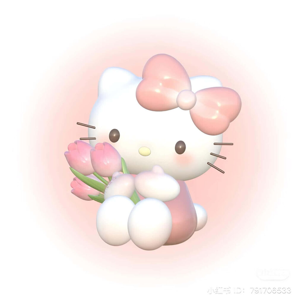 Charming 3D Hello Kitty Wallpaper with Pink Tulips - Pastel Background