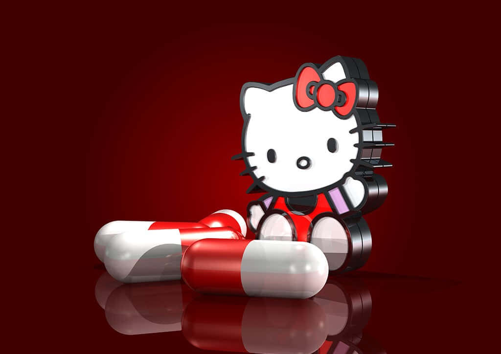 3D Hello Kitty Wallpaper: Glossy Red Bow & Capsules on Dark Background