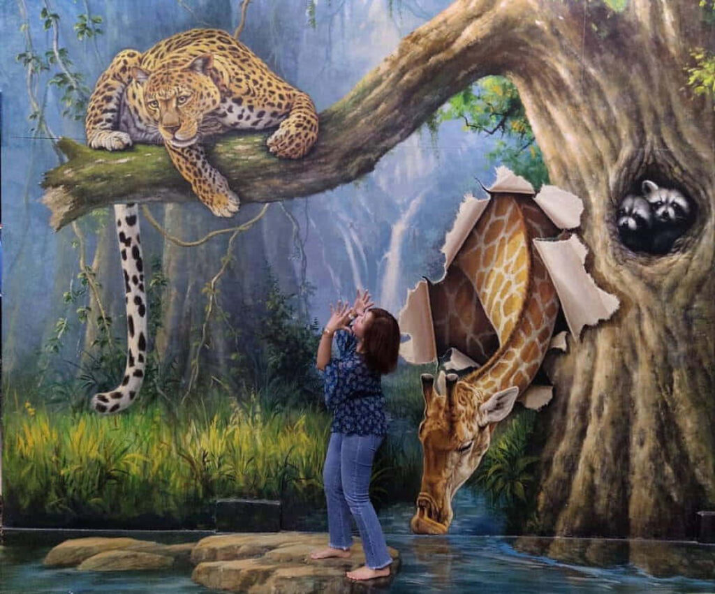 3D Jungle Mural: Life-like Leopard, Giraffe, & Panda Wallpaper