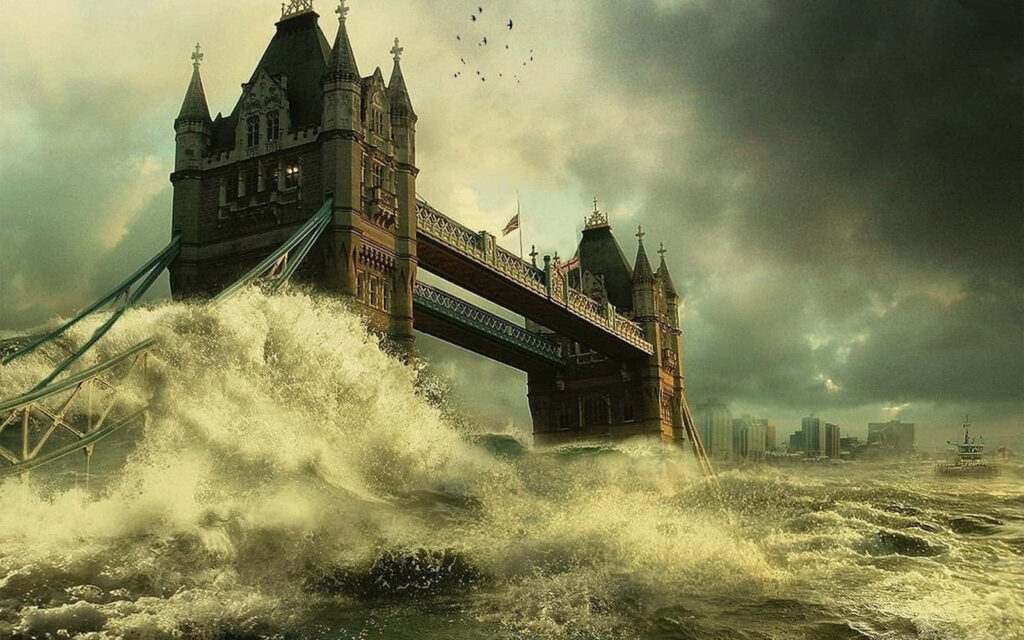 3D Landscape Wallpaper: Historic Bridge Amidst Stormy Seas