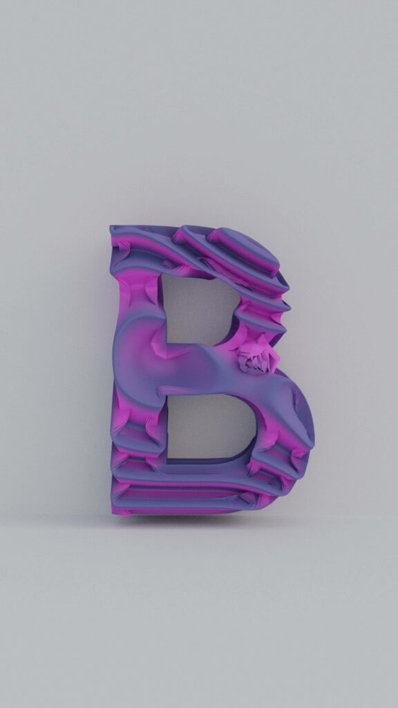 3D letter B wallpaper in vibrant purple and pink abstract texture on light gray background