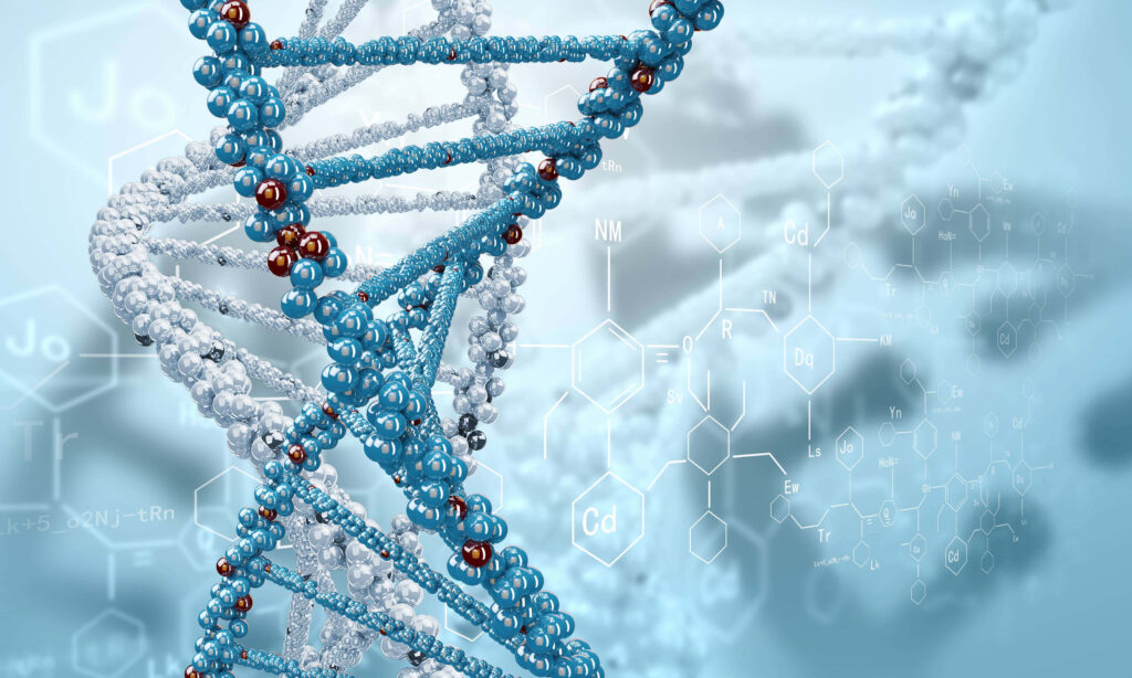3D metallic blue silver DNA double helix with transparent chemical formulas science wallpaper background