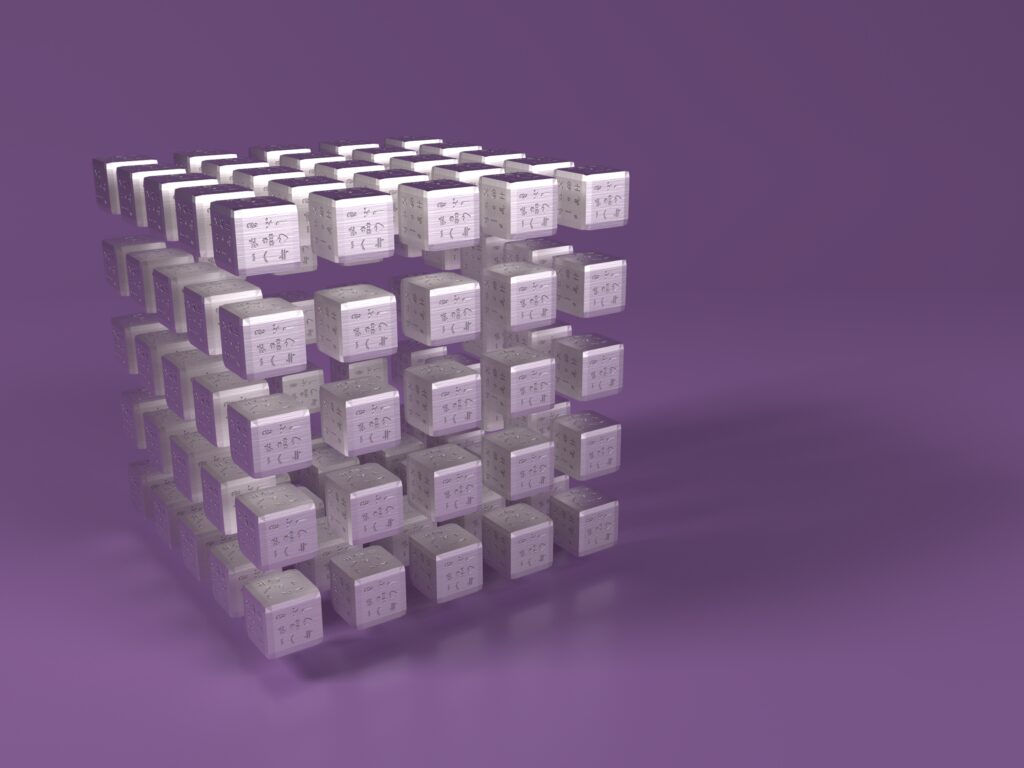 3D Metallic Cube Wallpaper with Intricate Details on Purple Background
