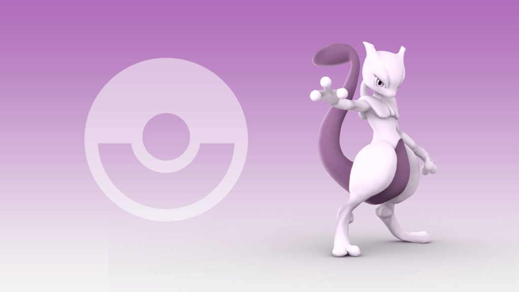 3D Mewtwo purple Pokémon wallpaper with gradient background and subtle Poké Ball design