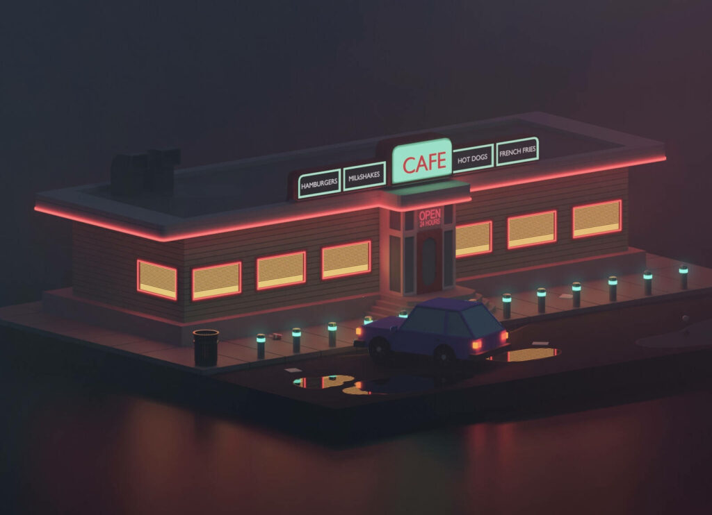 Nostalgic Cafe at Night: 3D Digital Art with Retro Vibes Wallpaper