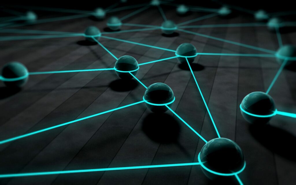 3D Neon Spheres Wallpaper: Reflective Network on Dark Grid Background