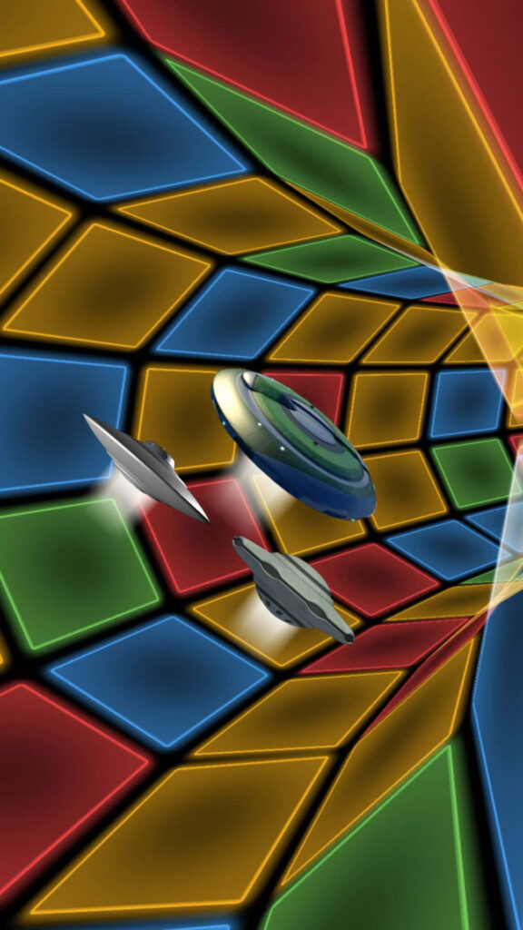 Vivid 3D Art Tunnel with Neon Tiles and Futuristic Flying Objects Wallpaper