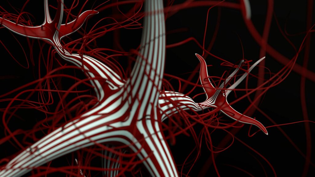 3D Network Wallpaper: White Structures & Red Threads on Black Background