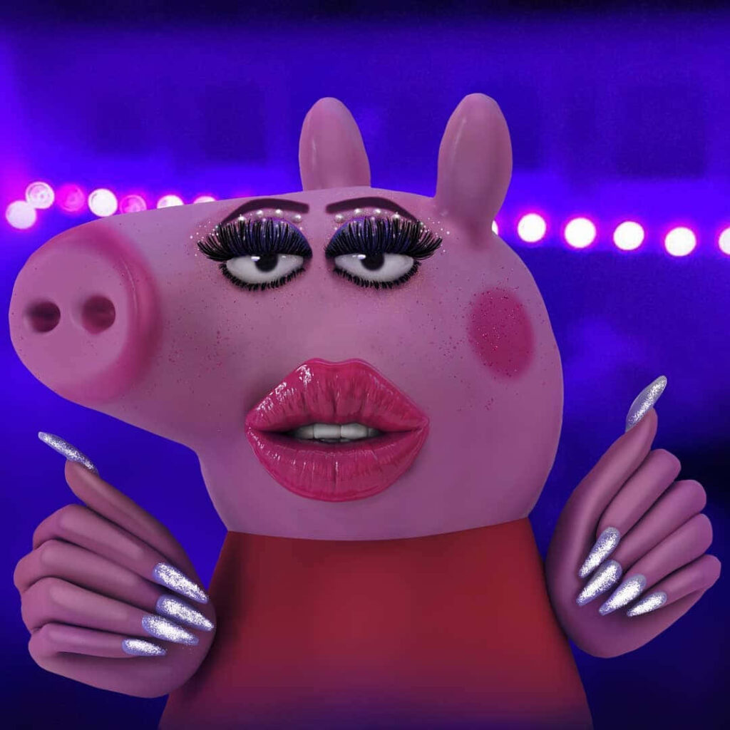 Humorous 3D Peppa Pig-Inspired Wallpaper with Sparkling Makeup